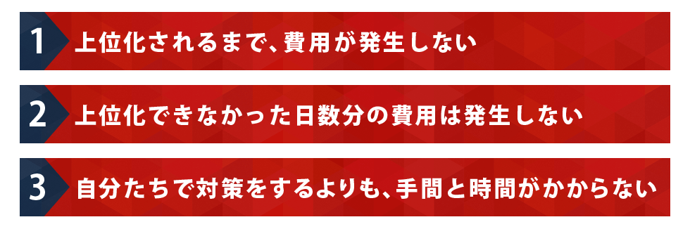 上位化されるまで、費用が発生しない。上位化できなかった日数分の費用は発生しない。自分たちで対策をするよりも、手間と時間がかからない